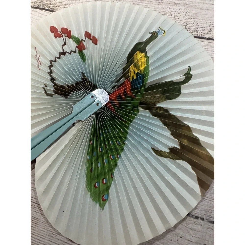 Vintage Chinese Paper Folding Metal Handle Fan Peacocks Cherry Blossoms Tub14